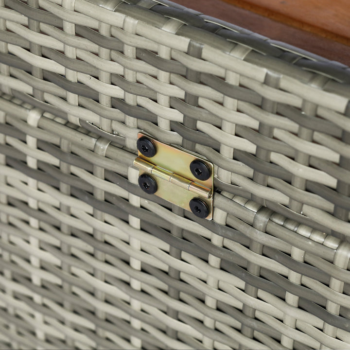 MCL Patio Wicker Storage Bench Box, Outdoor Garden PE Rattan Pool Storage Deck Bin Box w/ Natural Wood Top, Lid, Ideal for Storing Tools, Accessories and Toys, Mixed Grey