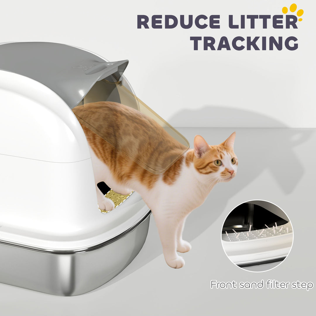 Stainless Steel Cat Litter Box with Lid, for Cats, Enclosed Cat Litter Box with Flip Cover, Scoop