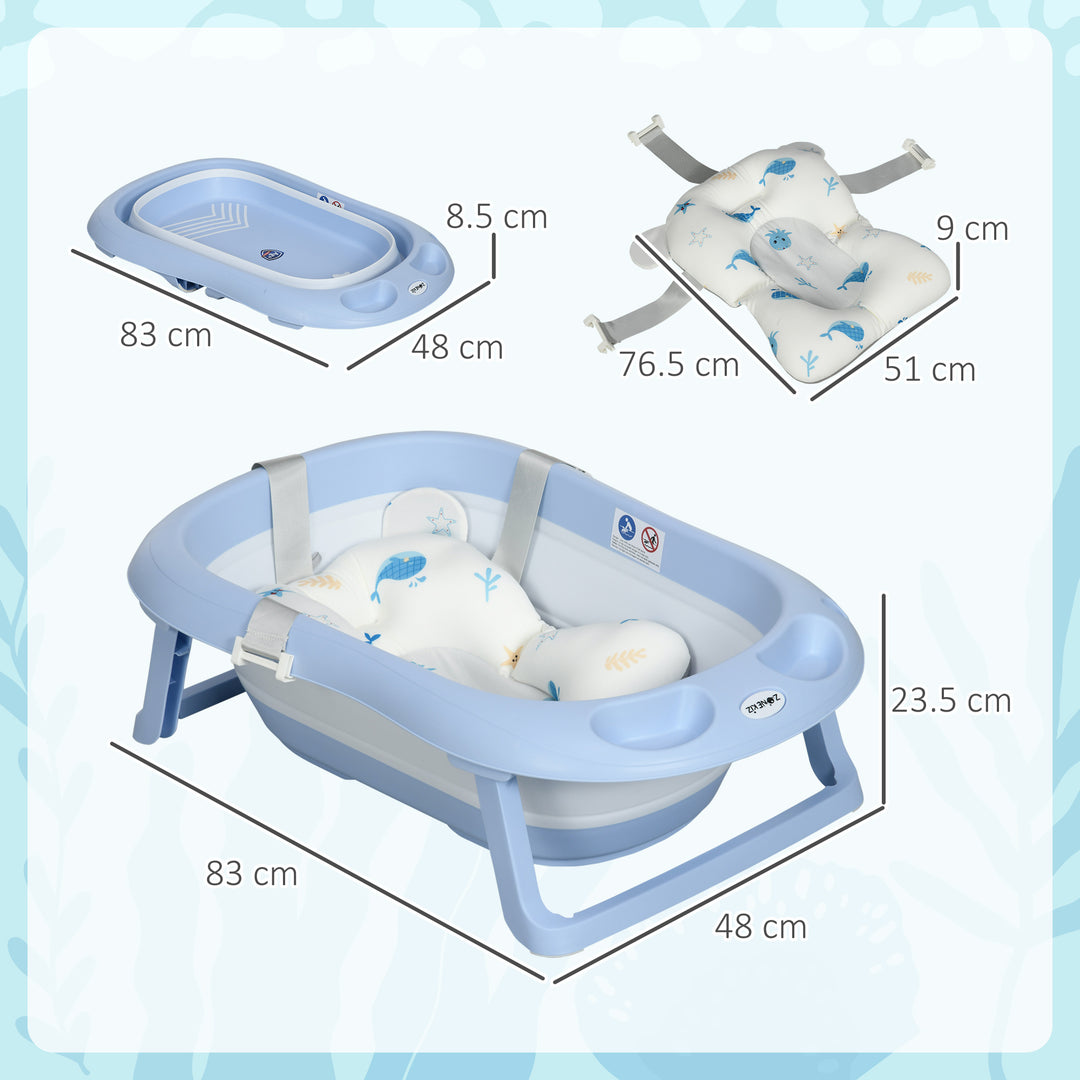 ZONEKIZ Foldable Baby Bath Tub, Bath Tub with Non-Slip Support, Cushion Pad, Drain Plugs, Shower Head Holder, for Newborn to 6 Years - Blue | Aosom UK