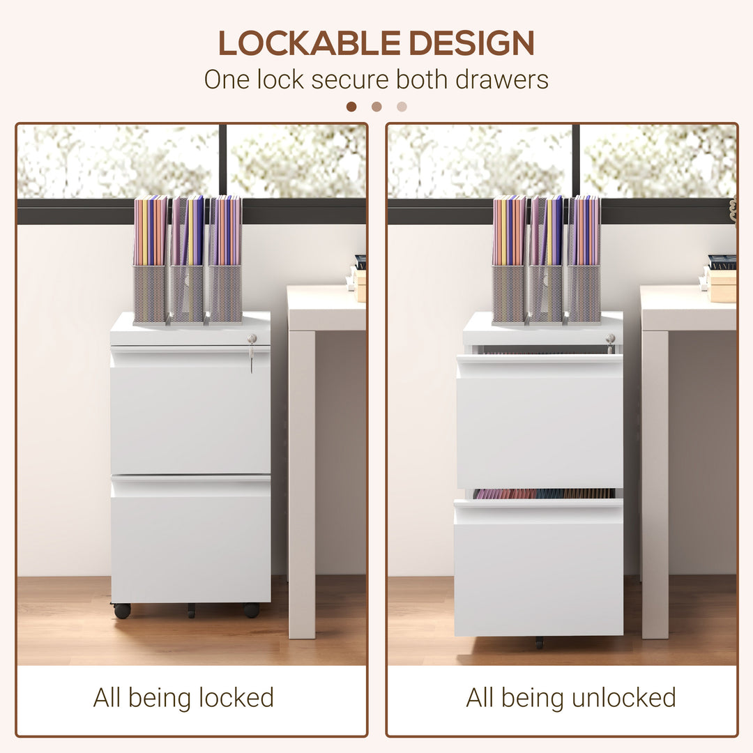 2-Drawer Mobile Filing Cabinet, Steel Lockable File Cabinet for Letter, A4 and Legal Size, Pre-Assembled Body, White