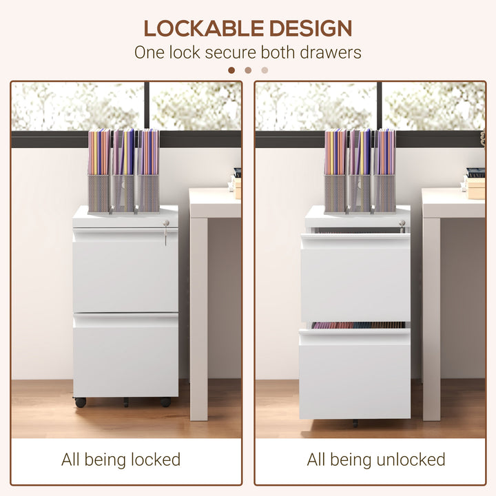 2-Drawer Mobile Filing Cabinet, Steel Lockable File Cabinet for Letter, A4 and Legal Size, Pre-Assembled Body, White