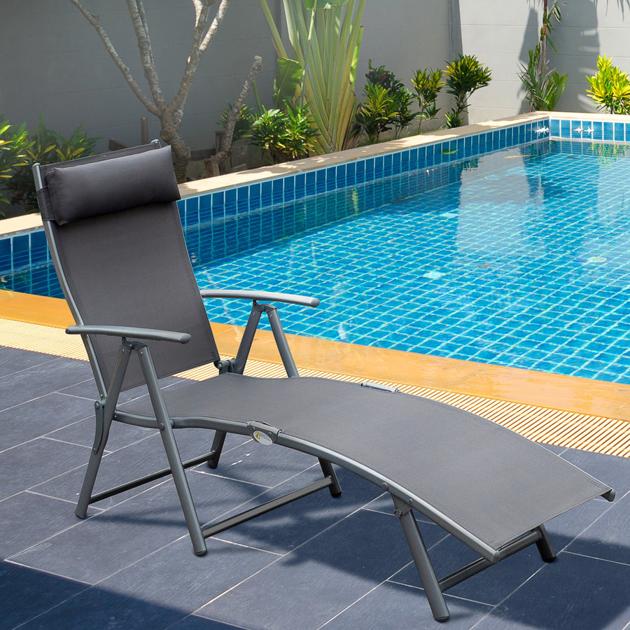 Sun Lounger Steel Frame Outdoor Folding Chaise Texteline Lounge Chair Recliner with Headrest & 7 Levels Adjustable Backrest, Grey