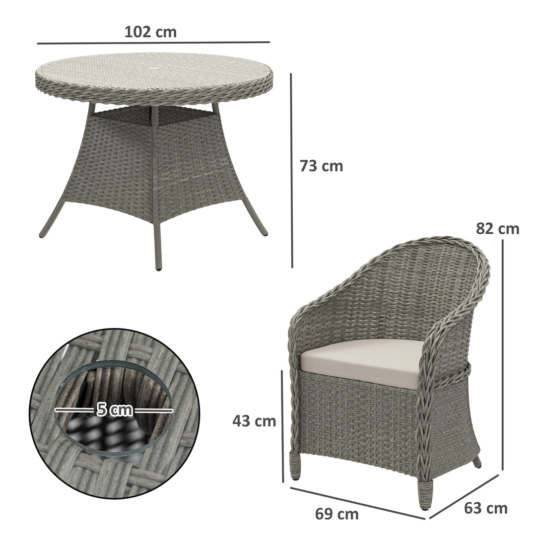 4 Seater Rattan Garden Furniture Set with Cushions, Round PE Rattan Dining Set with Glass-Top Table, Umbrella Hole, Outdoor Garden Table and Chairs, Grey