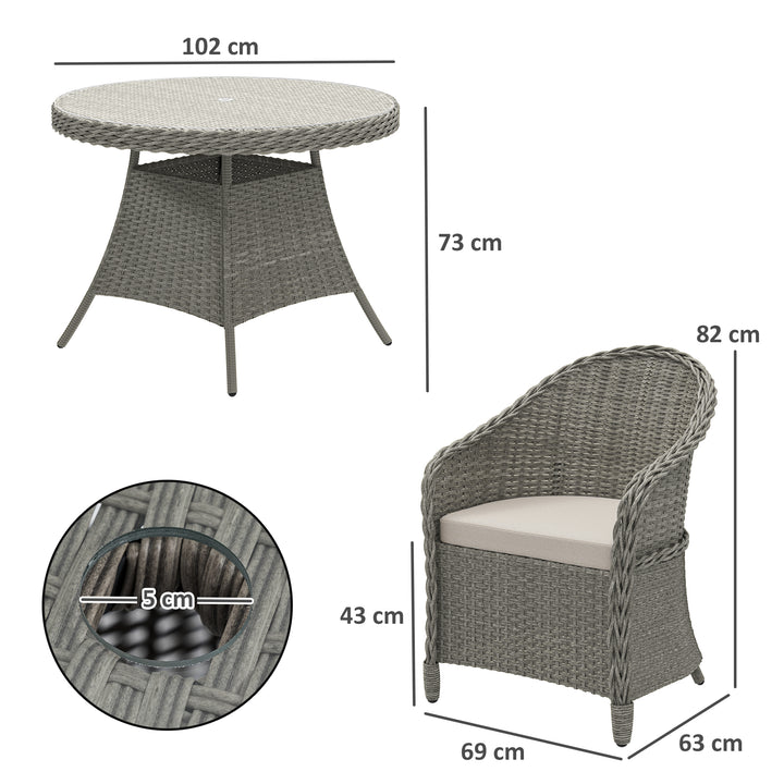 4 Seater Rattan Garden Furniture Set with Cushions, Round PE Rattan Dining Set with Glass-Top Table, Umbrella Hole, Outdoor Garden Table and Chairs, Grey