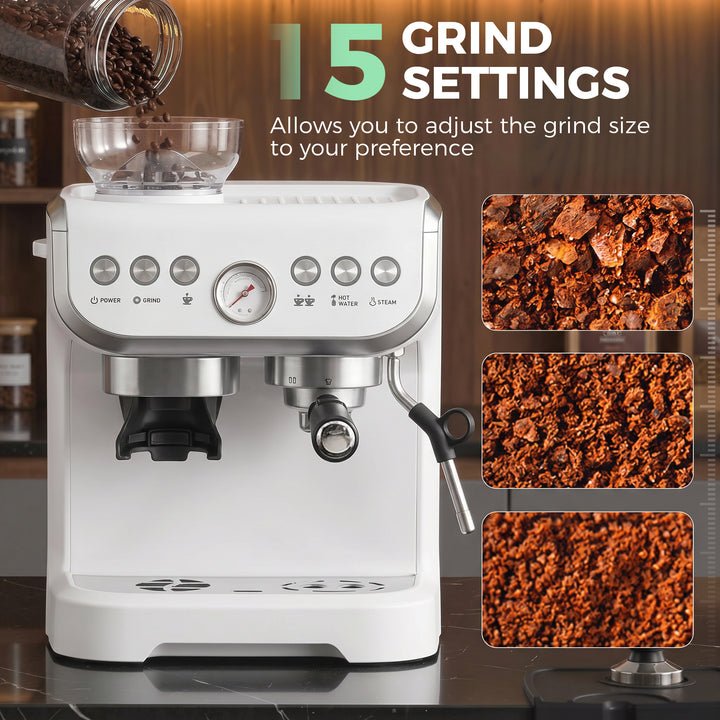 15 Bar Coffee Machine, with Adjustable Grind, Steamer and Accessories 