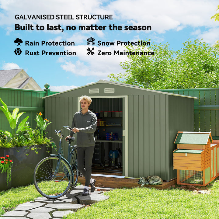 9 x 6ft Metal Garden Shed, Outdoor Storage Tool House with Ventilation Slots, Foundation Kit and Lockable Double Doors, Light Green