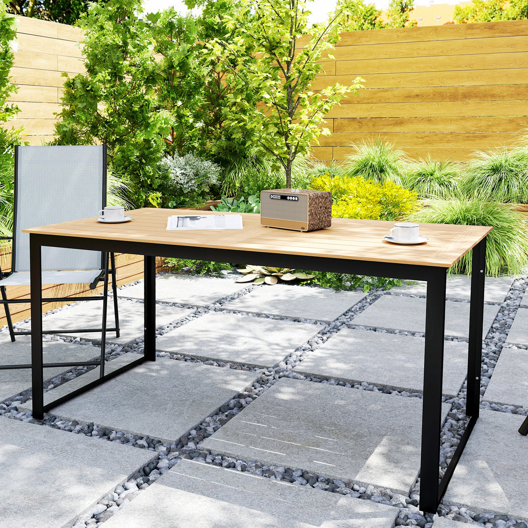 Garden Table for 6 People, 160 x 80 x 75 cm Rectangle Outdoor Dining Table with Slatted Top, Metal Frame, for Balcony, Deck, Teak