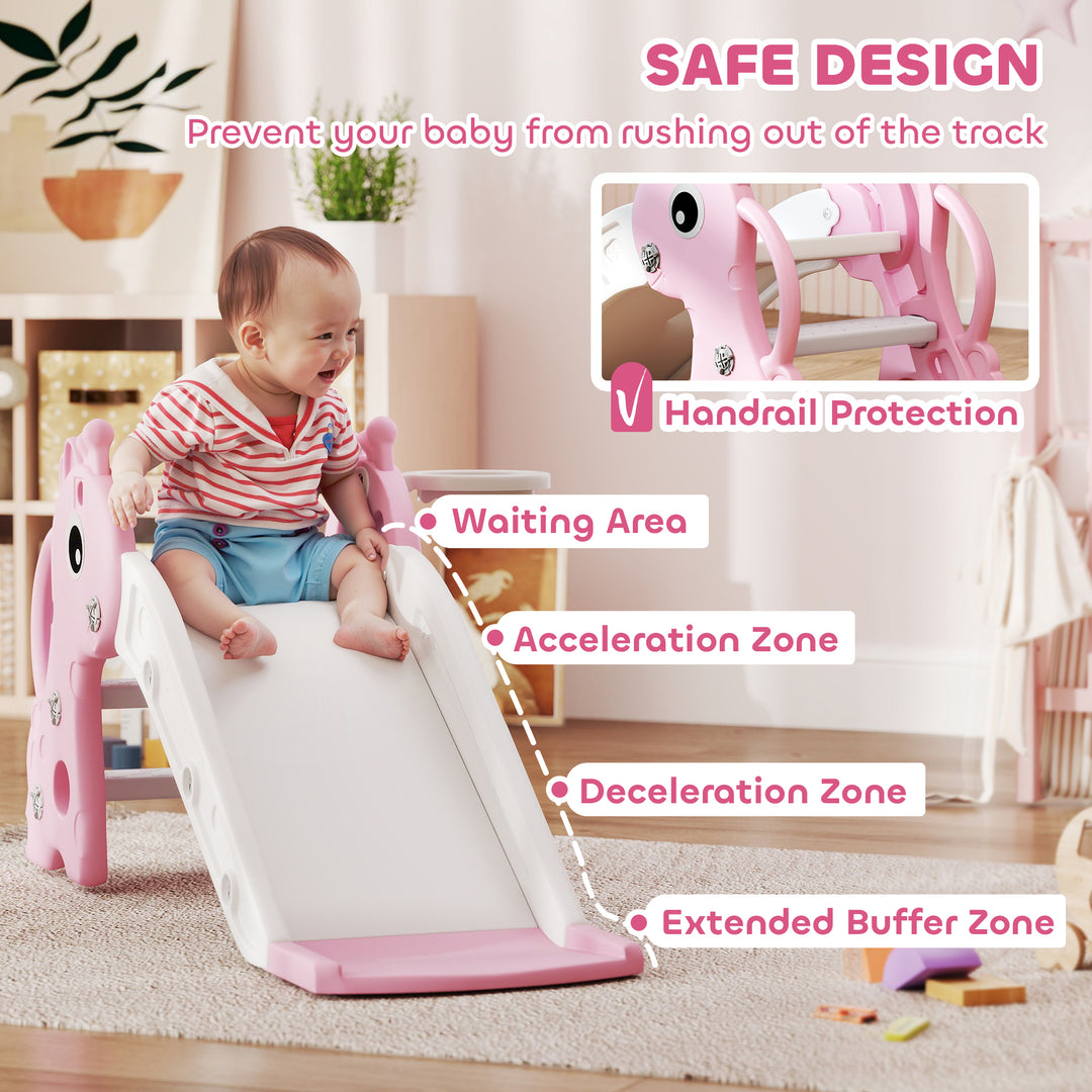 AIYAPLAY 3 in 1 Kids Slide with Climber, Basketball Hoop and Ball, Giraffe Shape Climber Slide for Indoor Kids Age 1-3, Pink