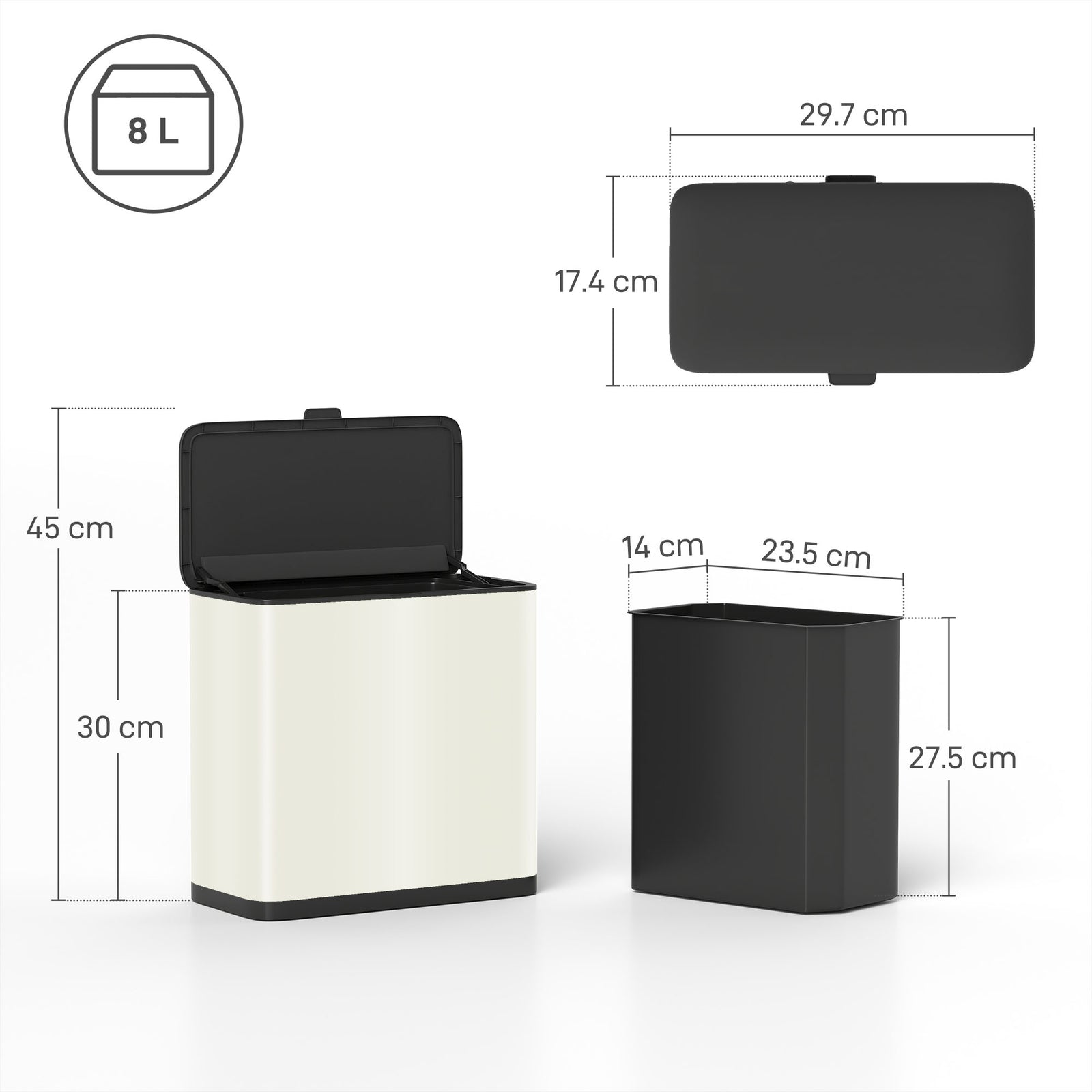 8L Hanging Kitchen Bin, Rubbish bin with Lid and Removable Inner Bucke