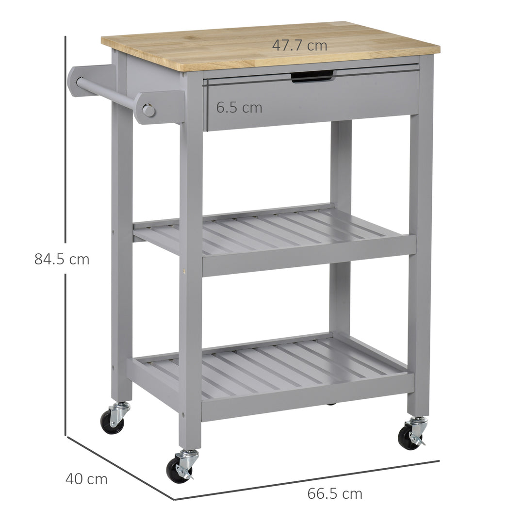 MCL Kitchen Trolley Utility Cart on Wheels with Rubberwood Worktop, Towel Rack, Storage Shelves & Drawer for Dining Room, Grey