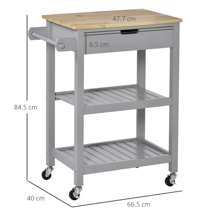 MCL Kitchen Trolley Utility Cart on Wheels with Rubberwood Worktop, Towel Rack, Storage Shelves & Drawer for Dining Room, Grey