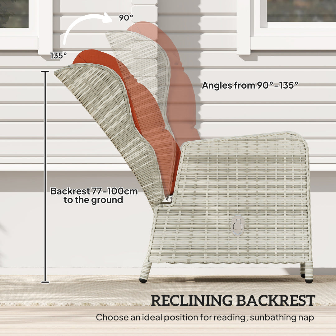 5 Pieces Rattan Bistro Set with Adjustable Back, Reclining Wicker Balcony Furniture with Cushions, Glass Top Coffee Table and Footstools, Outdoor Table and Chairs, Orange