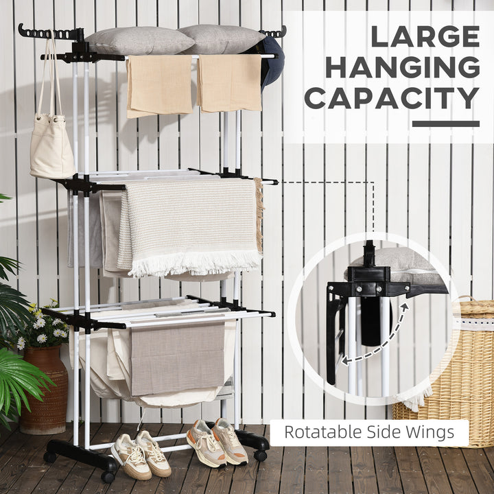 HOMCOM Laundry Drying Rack: Foldable 4-Tier Steel Clothes Airer with Castors, Indoor & Outdoor, Black | Aosom UK