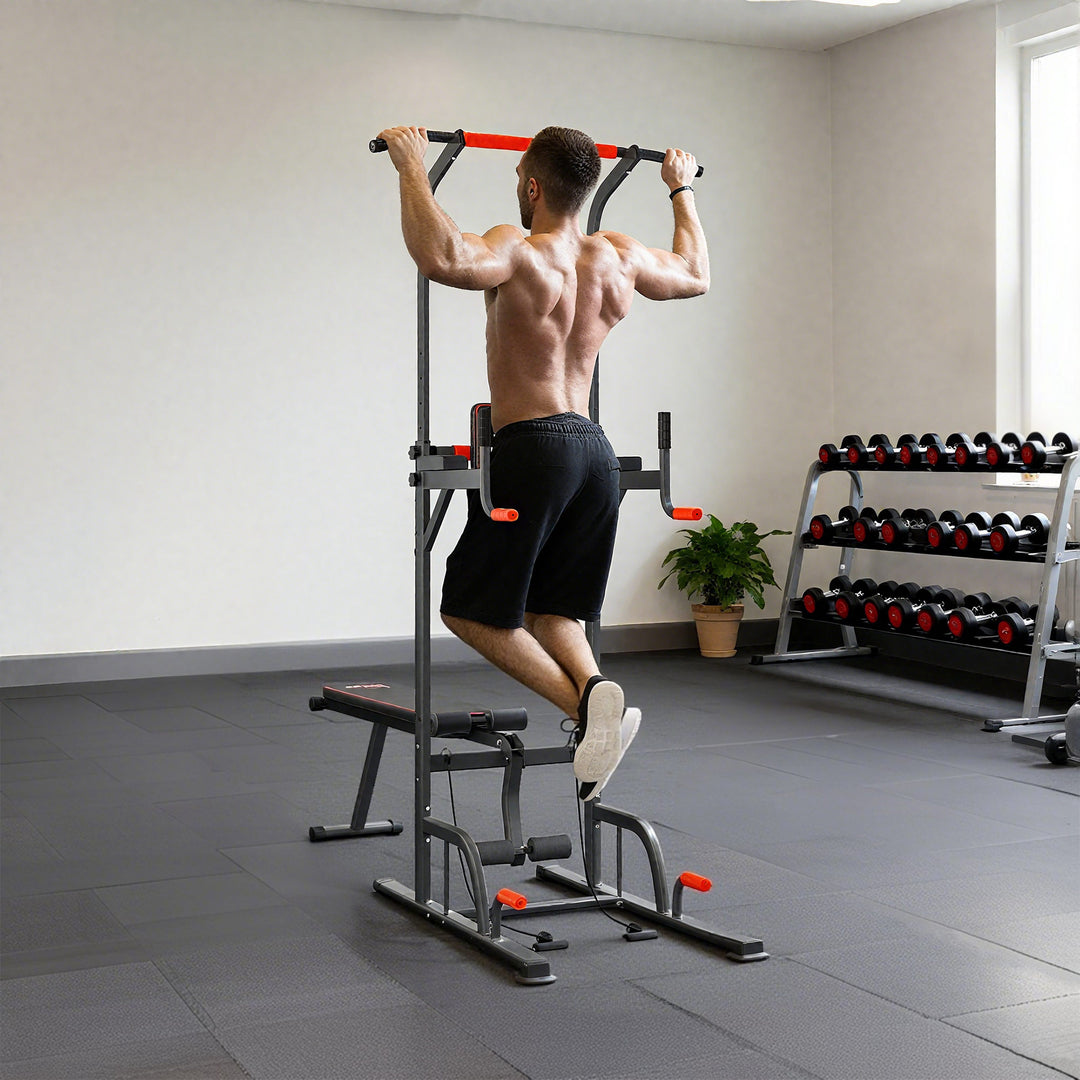 MCL Multifunction Power Tower Home Workout Dip Station w/ Sit-up Bench Push-up Bars and Tension Ropes Fitness Equipment Office Gym Training