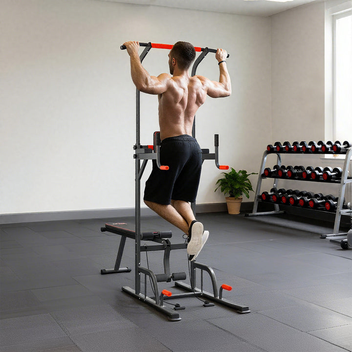 MCL Multifunction Power Tower Home Workout Dip Station w/ Sit-up Bench Push-up Bars and Tension Ropes Fitness Equipment Office Gym Training