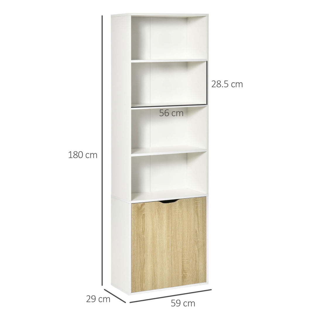 6-Tier Tall Bookcase, Bookshelf with 4 Open Shelves and Double Door Storage Cabinet, Freestanding Display Rack for Living Room, Bedroom, Home Office, Study, 59 x 29 x 180cm, White and Oak