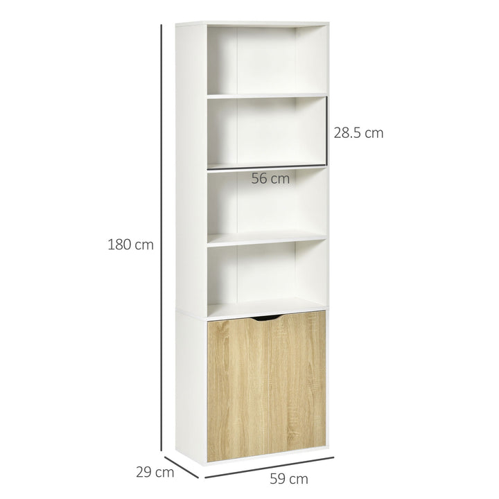 6-Tier Tall Bookcase, Bookshelf with 4 Open Shelves and Double Door Storage Cabinet, Freestanding Display Rack for Living Room, Bedroom, Home Office, Study, 59 x 29 x 180cm, White and Oak