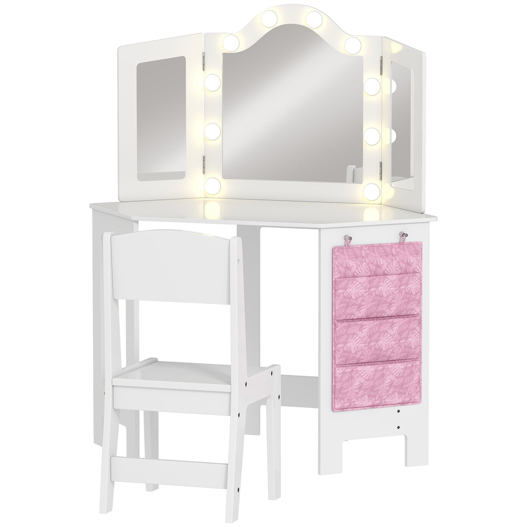 MCL Kids Dressing Table and Stool Set, Girls Vanity Table with 2-Colour LED Lights, Tri-Folding Mirror, White