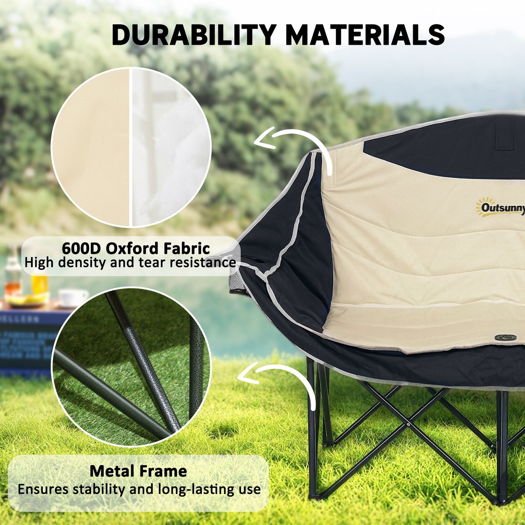 Double Camping Chair for Adults, Oversized Heavy Duty Padded Folding Chair with Armrests, Cup Holders and Carry Bag for Outdoor Camping Hiking Picnic Fishing, 250kg Capacity, Khaki
