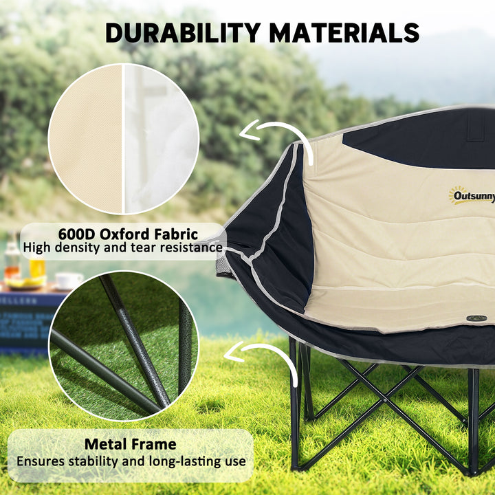 Double Camping Chair for Adults, Oversized Heavy Duty Padded Folding Chair with Armrests, Cup Holders and Carry Bag for Outdoor Camping Hiking Picnic Fishing, 250kg Capacity, Khaki