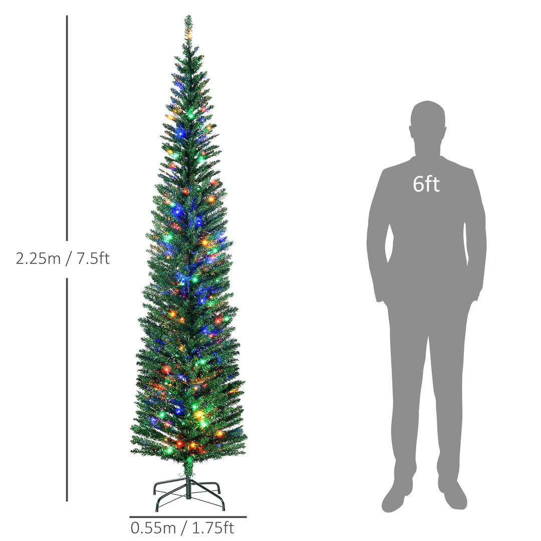 HOMCOM 7.5' Artificial Prelit Christmas Trees Holiday Décor with Colourful LED Lights, Pencil Shape, Steel Base