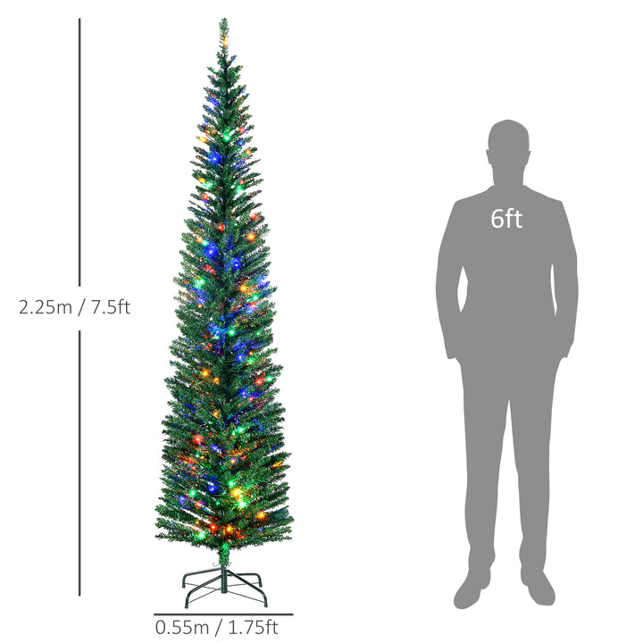 HOMCOM 7.5' Artificial Prelit Christmas Trees Holiday Décor with Colourful LED Lights, Pencil Shape, Steel Base