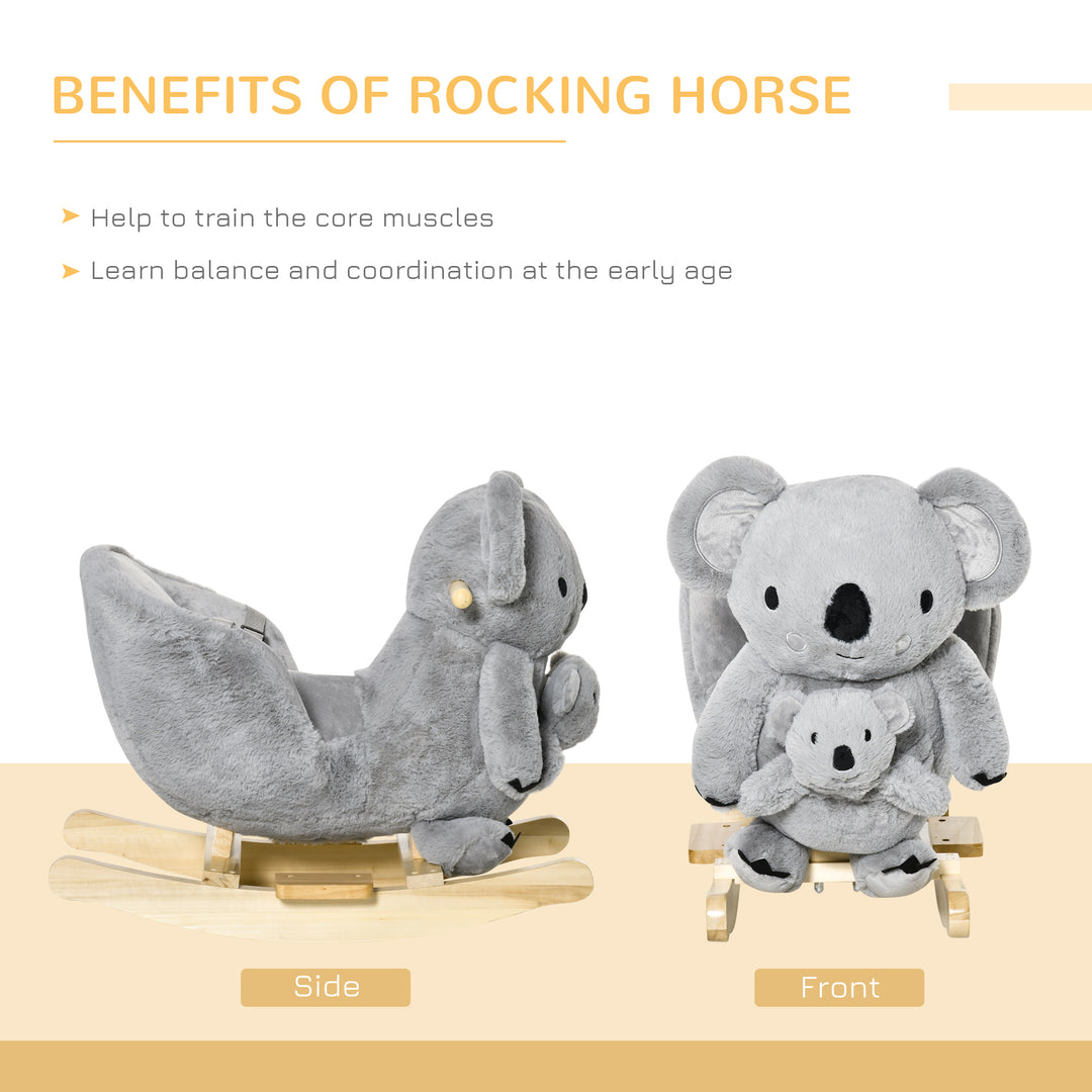 MCL Kids Toddler Rocking Horse Plush Ride On Koala Rocker Wooden Base Seat Safety Belt w/ Gloved Doll Toy for 18-36 Months Grey