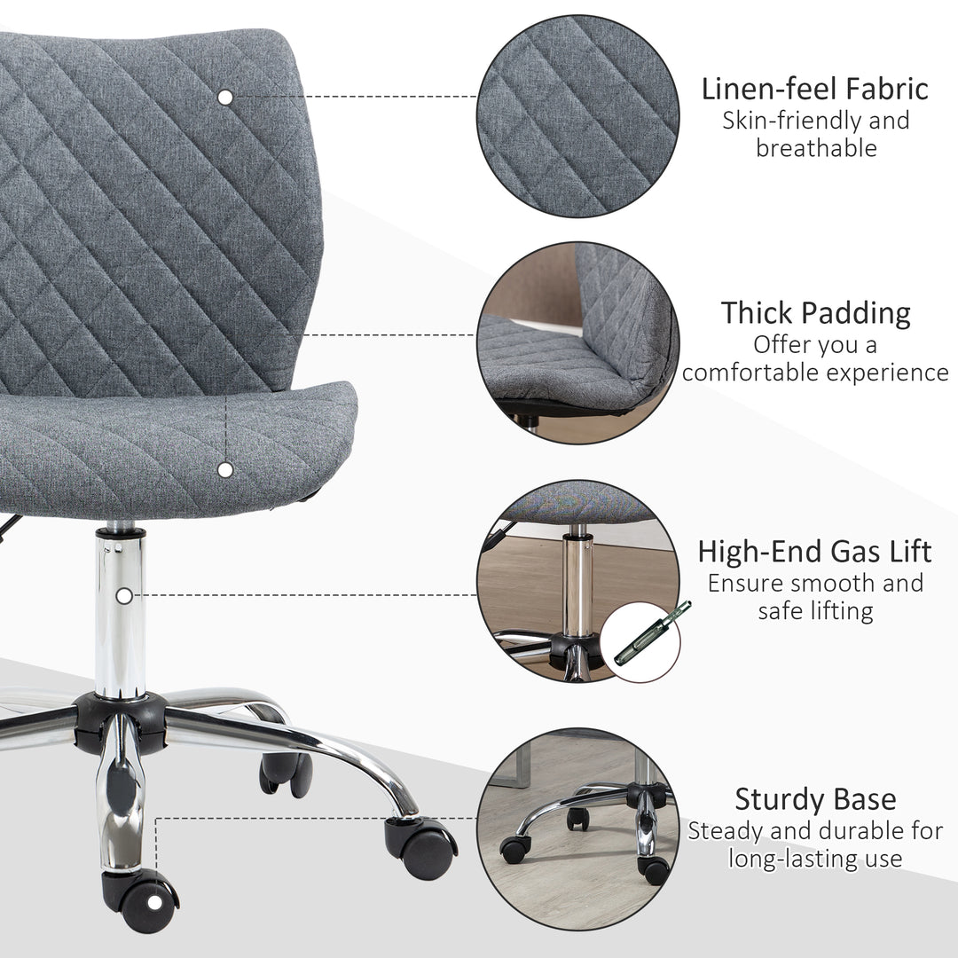 Armless Office Chair Adjustable Computer Chair Swivel Chair with Rolling Wheels and Linen Fabric Back Support for Home Office Students Study Grey