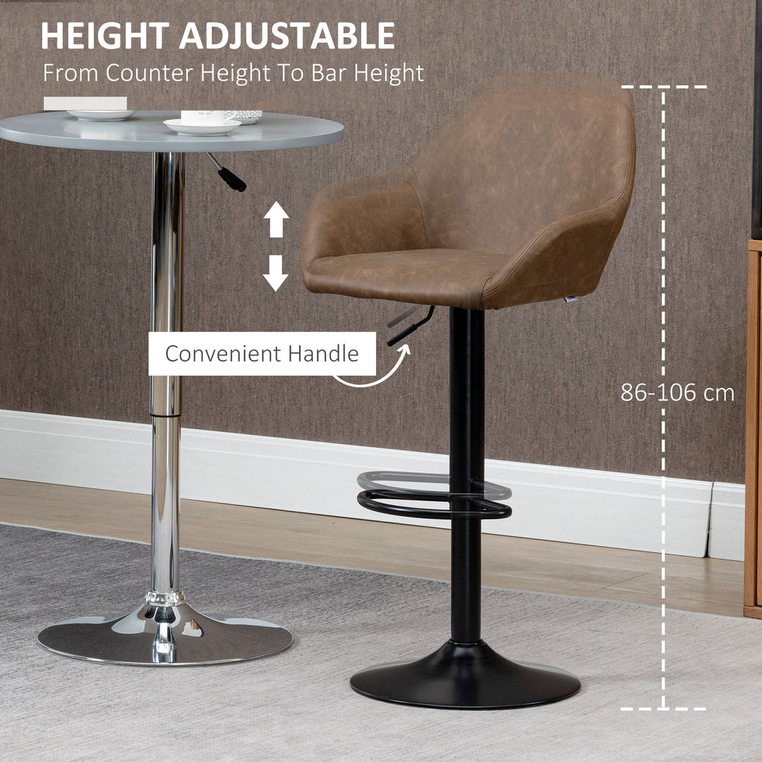 HOMCOM Adjustable Bar Chair Set of 2 w/ Footrest and Backrest, PU Leather Steel Base, Swivel Bar Stools for Kitchen Counter, Dark Brown | Aosom UK