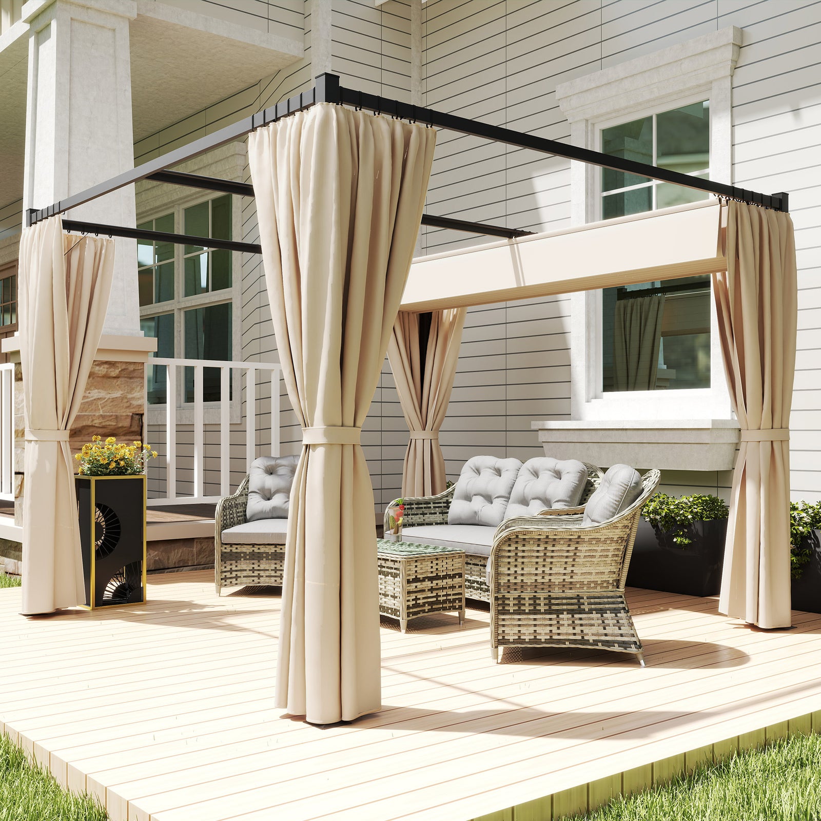 3 x 3(m) Retractable Pergola, Garden Gazebo Shelter with Curtains, for Grill, Patio, Deck, Beige