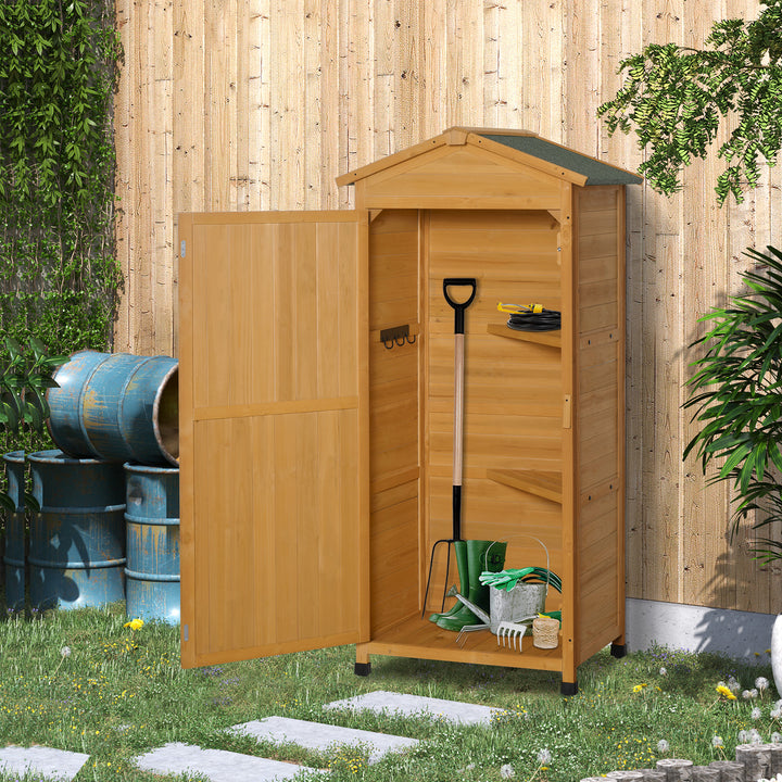 Wooden Garden Shed, Outdoor Storage Cabinet with 2 Shelves and Hooks, Locking Organiser Outdoor Narrow Tool House, 74x55x155cm, Yellow