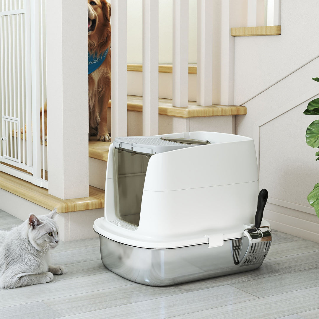 Large Stainless Steel Litter Box, Enclosed Metal Cat Litter Tray with Scoop, Deodoriser Bag, Front-Entry and Top-Exit