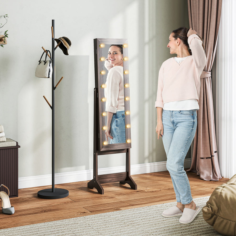 Freestanding Mirror Jewelry Cabinet with LED Lights, Jewellery Organiser with 3 Angle Adjustable, Full-Length Mirror with Storage for Earrings, Necklaces, Rings and Lipsticks, Dark Brown