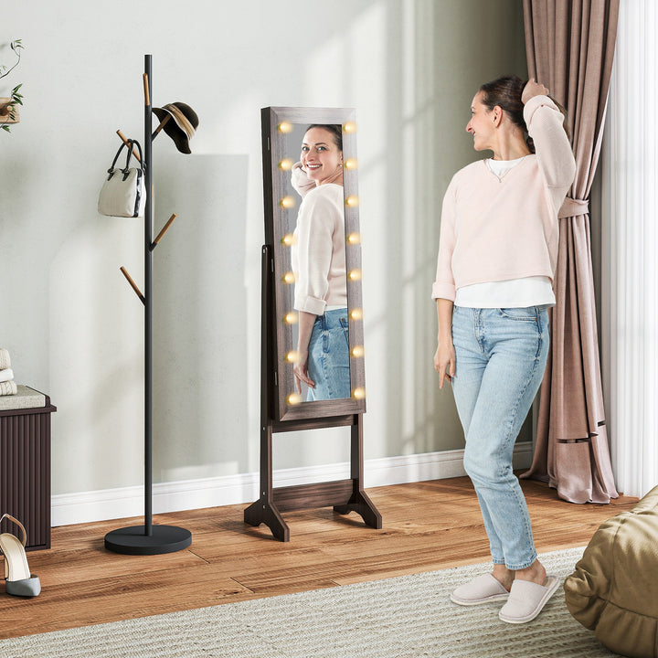 Freestanding Mirror Jewelry Cabinet with LED Lights, Jewellery Organiser with 3 Angle Adjustable, Full-Length Mirror with Storage for Earrings, Necklaces, Rings and Lipsticks