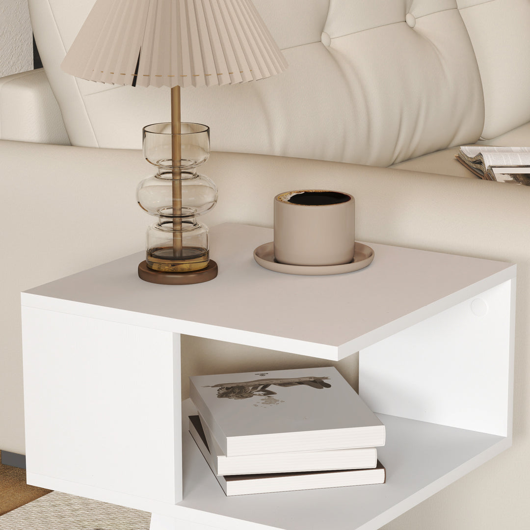 Set of 2 Side Table, Square Coffee Table, Modern End Table with 2 Tier Storage Shelves for Living Room, Bedroom, White