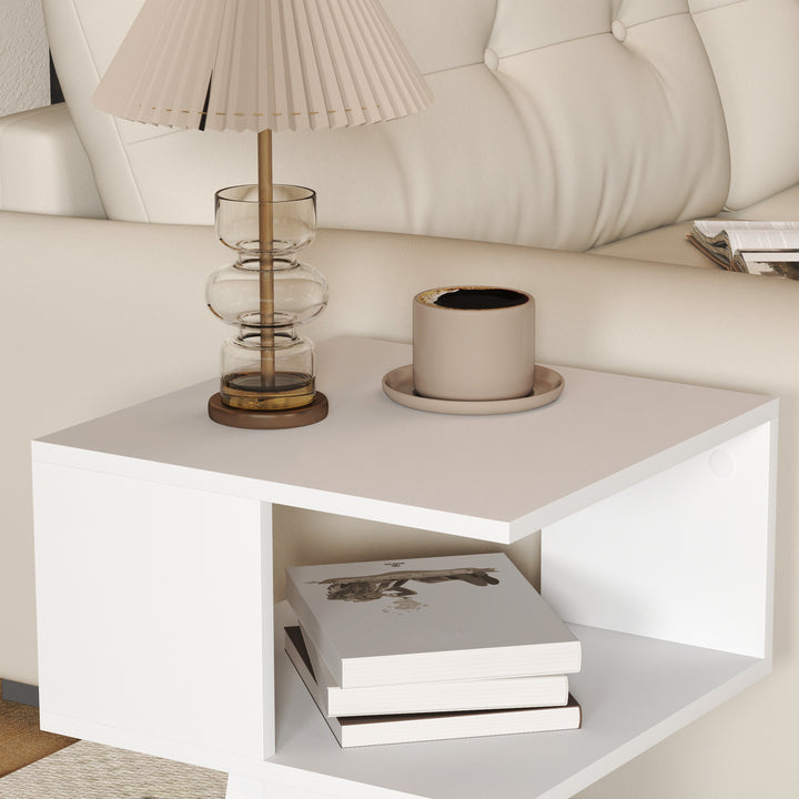 Set of 2 Side Table, Square Coffee Table, Modern End Table with 2 Tier Storage Shelves for Living Room, Bedroom, White