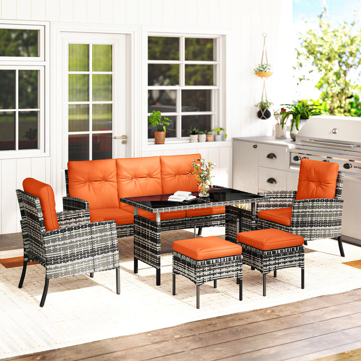 6 Pieces Rattan Garden Furniture Set with Dining Table and Cushions, O