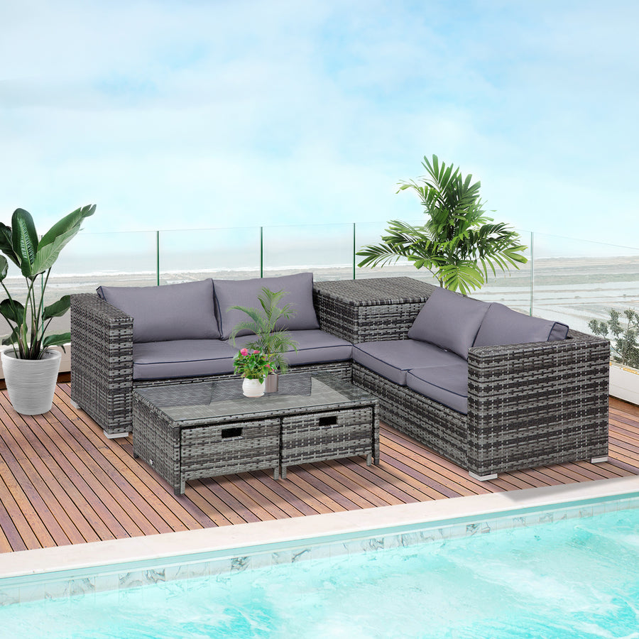 4 Pcs Rattan Wicker Garden Furniture Patio Sofa Storage & Table Set w/ 2 Drawers Coffee Table,Great Cushioned 4 Seats Corner Sofa - Grey