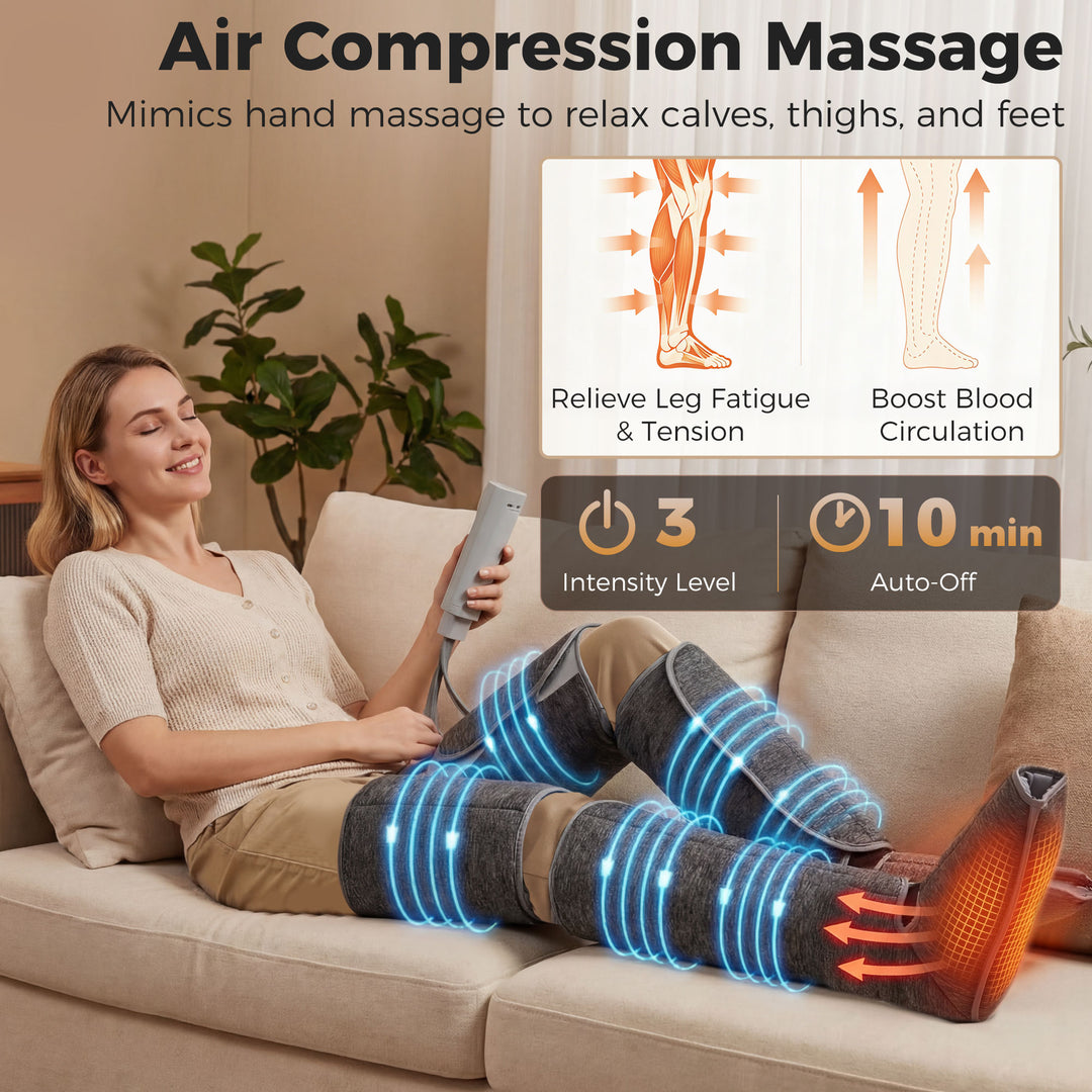 Leg Massager with Heat, Compression, 3 Auto Modes &amp; 3 Intensities, Foo