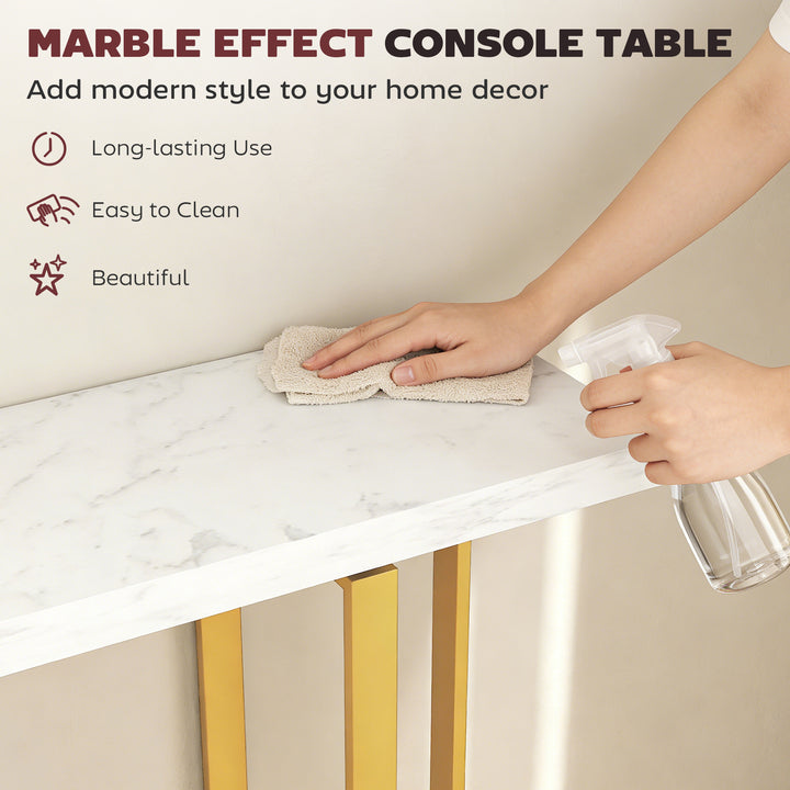 Console Table with Faux Marble Top, 100 cm Narrow Entryway Table with Anti-tipping Device, Steel Frame