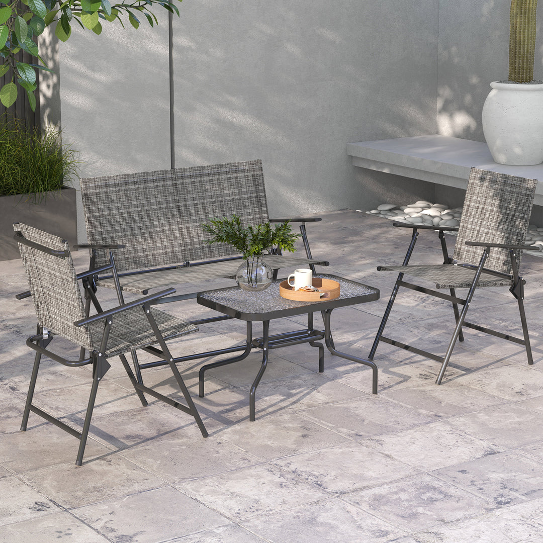 Outsunny 4 Pcs Patio Furniture Set w/ Breathable Mesh Fabric Seat, Backrest, Garden Set w/ Armchairs, Loveseat, Glass Top, Mixed Grey | Aosom UK