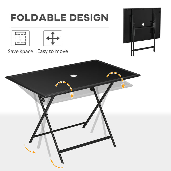 Folding Outdoor Dining Table for 6, Rectangle Garden Table Tempered Glass Top with Parasol Hole Garden Lawn Backyard, 110 x 70 x 70 cm