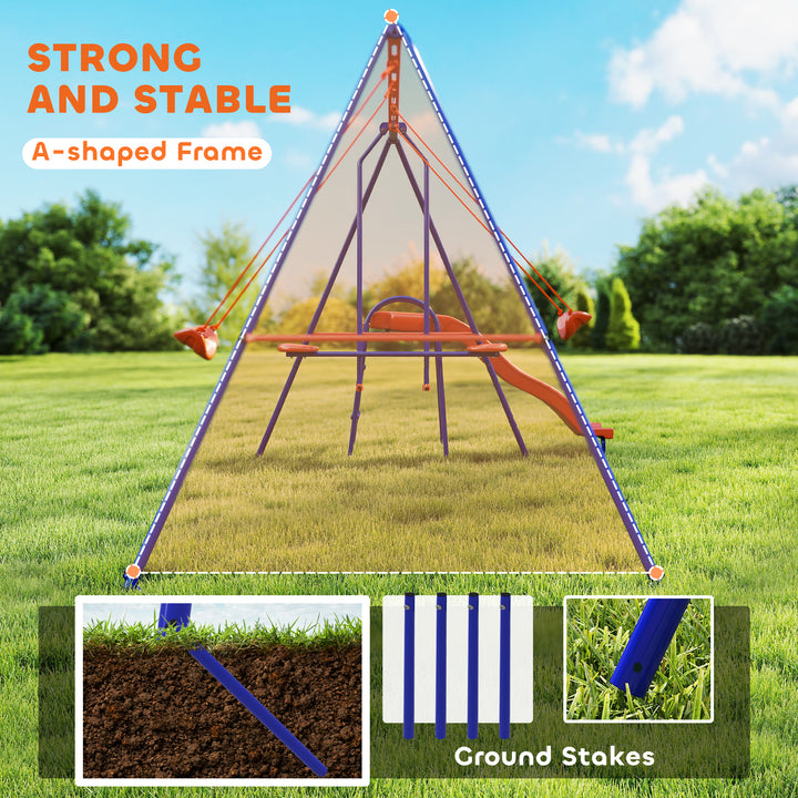Four-In-One Metal Garden Swing Set, with Double Swings, Glider, Slider, Ladder - Orange and Blue