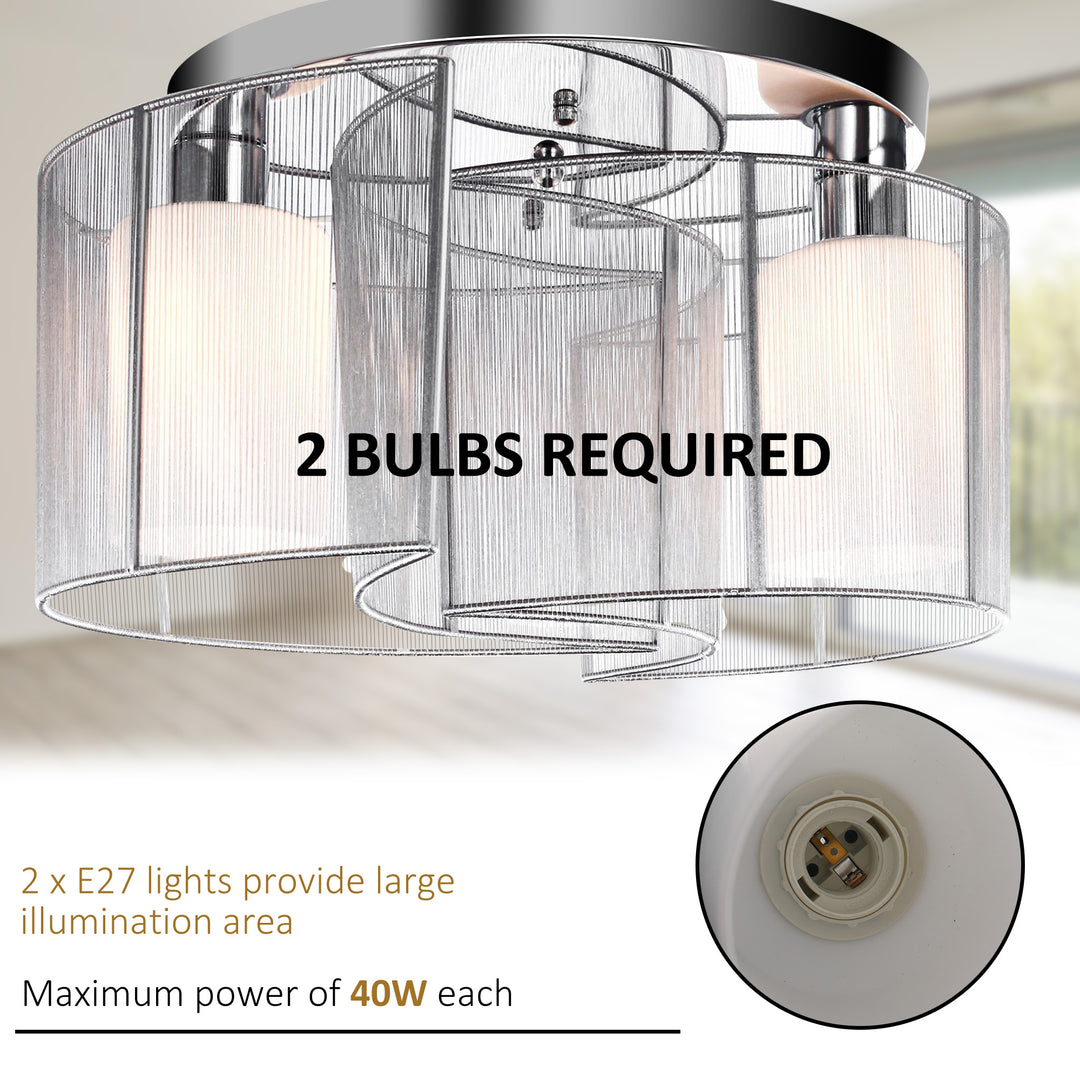 Modern Chandelier, Semi-Flush Mount Ceiling Light with 2 Light, E27 Bulb Base for Hallway, Dining Room, Living Room, White and Silver