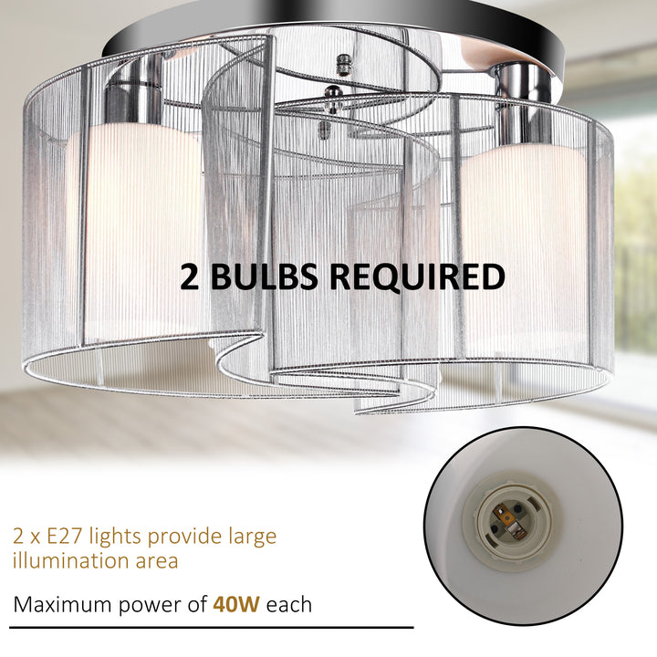 Modern Chandelier, Semi-Flush Mount Ceiling Light with 2 Light, E27 Bulb Base for Hallway, Dining Room, Living Room, White and Silver