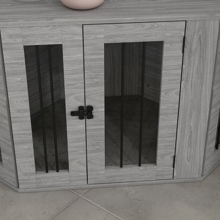 2 in 1 Dog Crate Furniture Side Table, with Cushion, 104 x 55 x 63cm - Grey