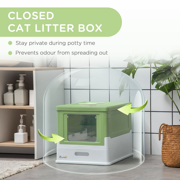 PawHut Hooded Cat Litter Box, Portable Pet Toilet, with Scoop, Front Entry - Lime Green | Aosom UK