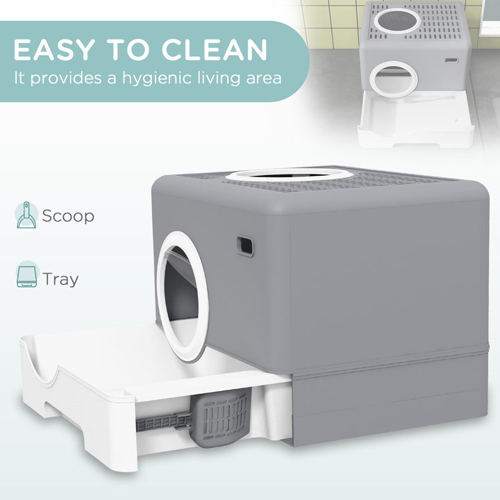 Enclosed Cat Litter Box, with Lid, Front Entry, Top Exit, Pull-Out Tray, Scoop - Grey