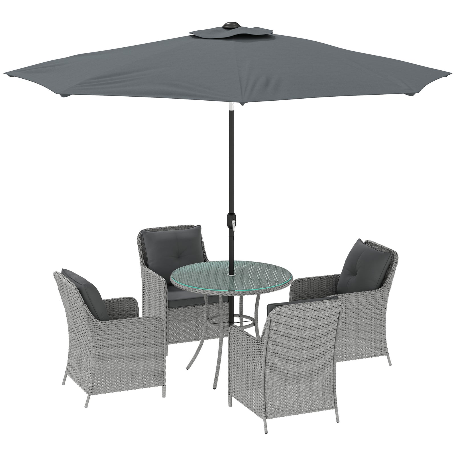 4 Seater Rattan Dining Set with Parasol & Cushions - Light Grey