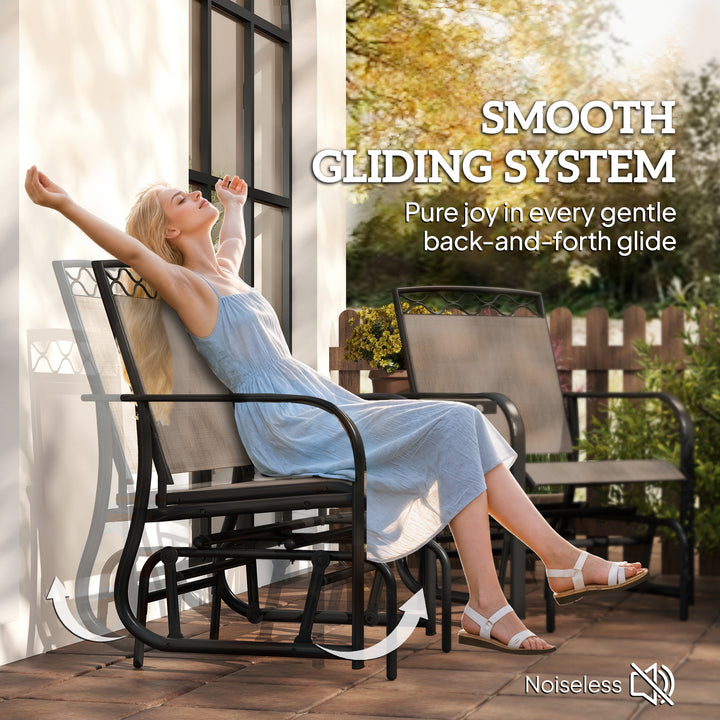 MCL Double Outdoor Glider Chair, 2 Seater Patio Rocking Chairs, Swing Bench with Tempered Glass Table, Breathable Mesh Fabric for Backyard, Garden, Porch, Brown